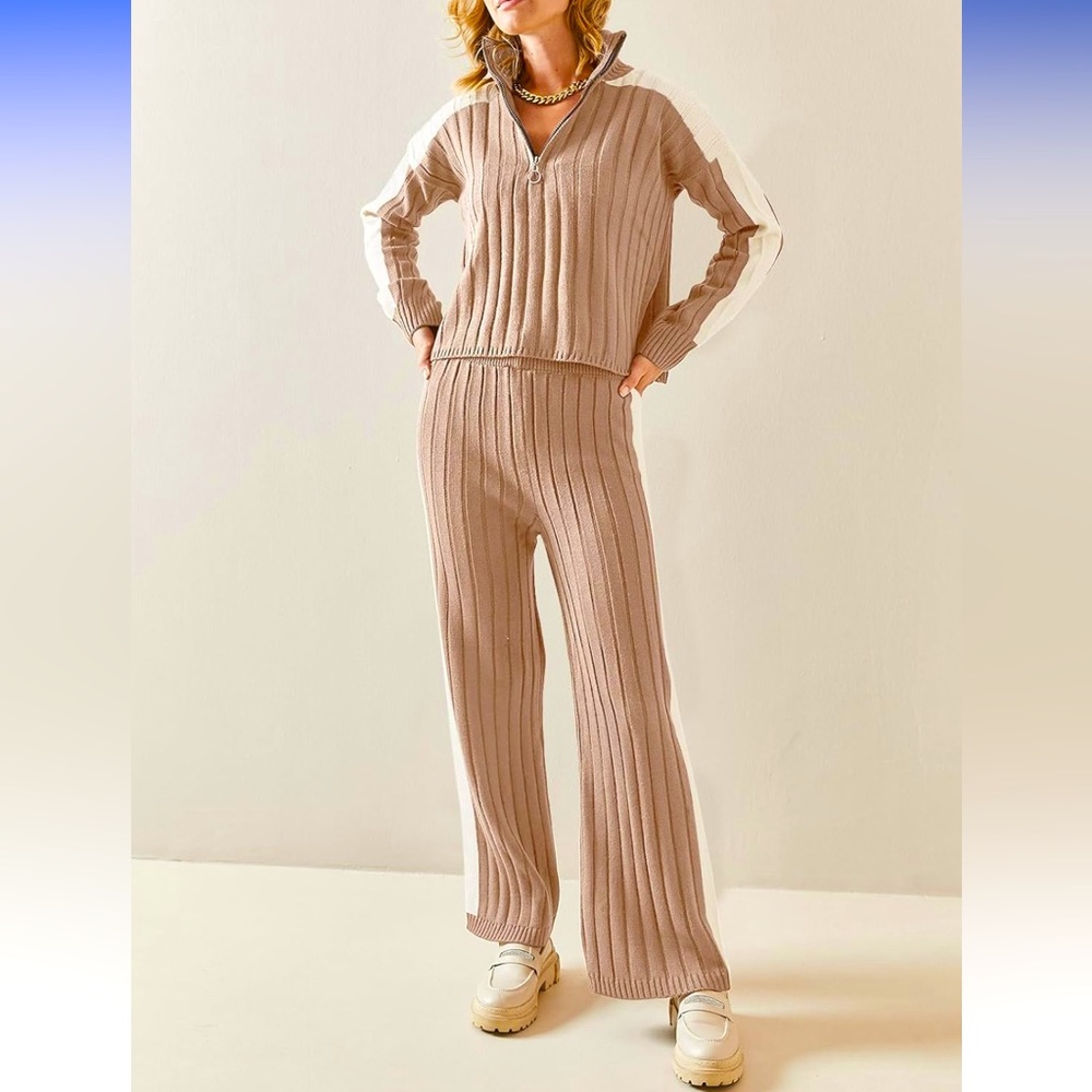 2 Piece Sweater Set (half Zip Long Sleeve Wide Leg Pants Lounge Tracksuit)